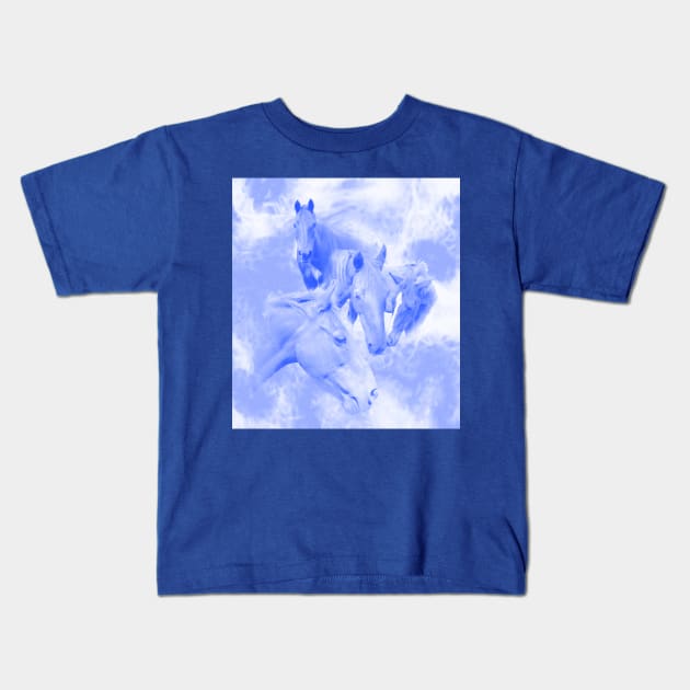 Horses and surreal mist in blue and white Kids T-Shirt by hereswendy